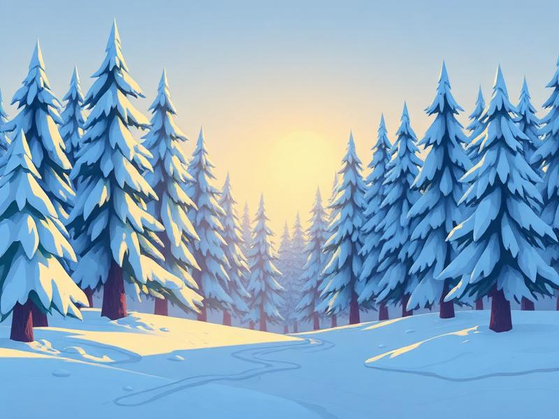 Bosque de pinos cubiertos de nieve al amanecer con luz dorada, ilustración vectorial