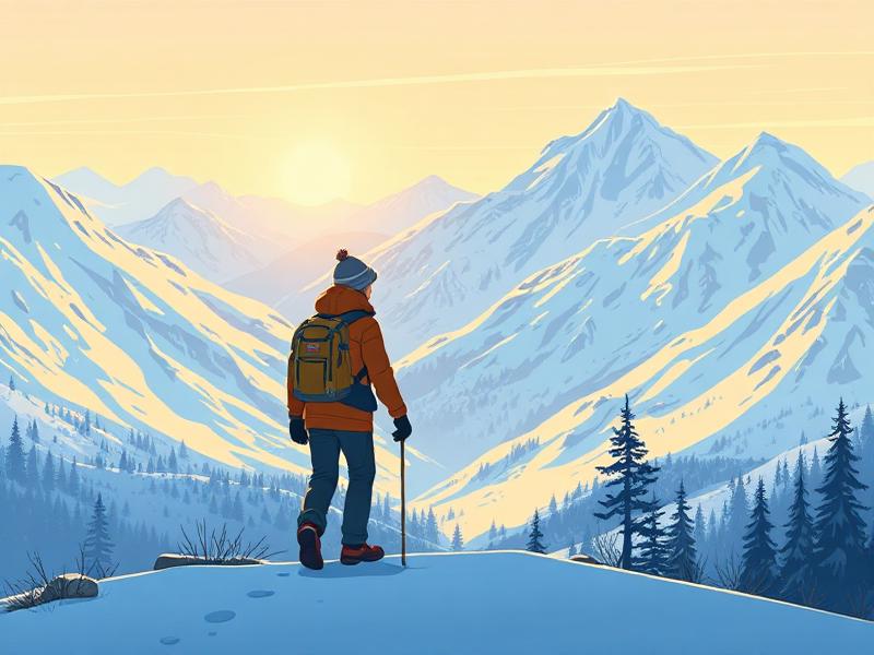 Excursionista contemplando montañas nevadas al amanecer, ilustración vectorial